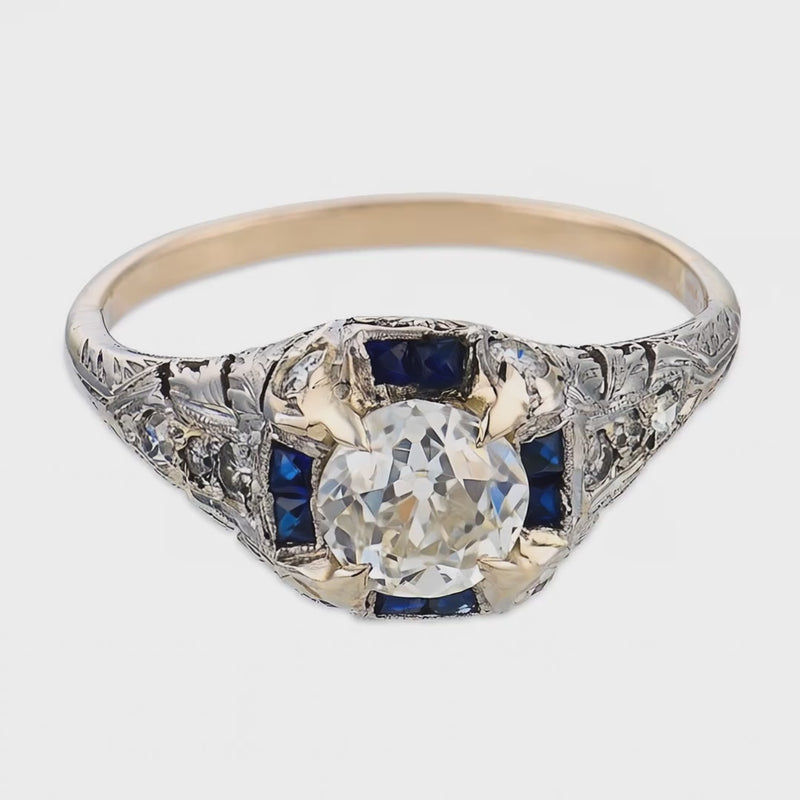Art Deco Platinum Diamond & Sapphire Engagement Ring 1.04ct