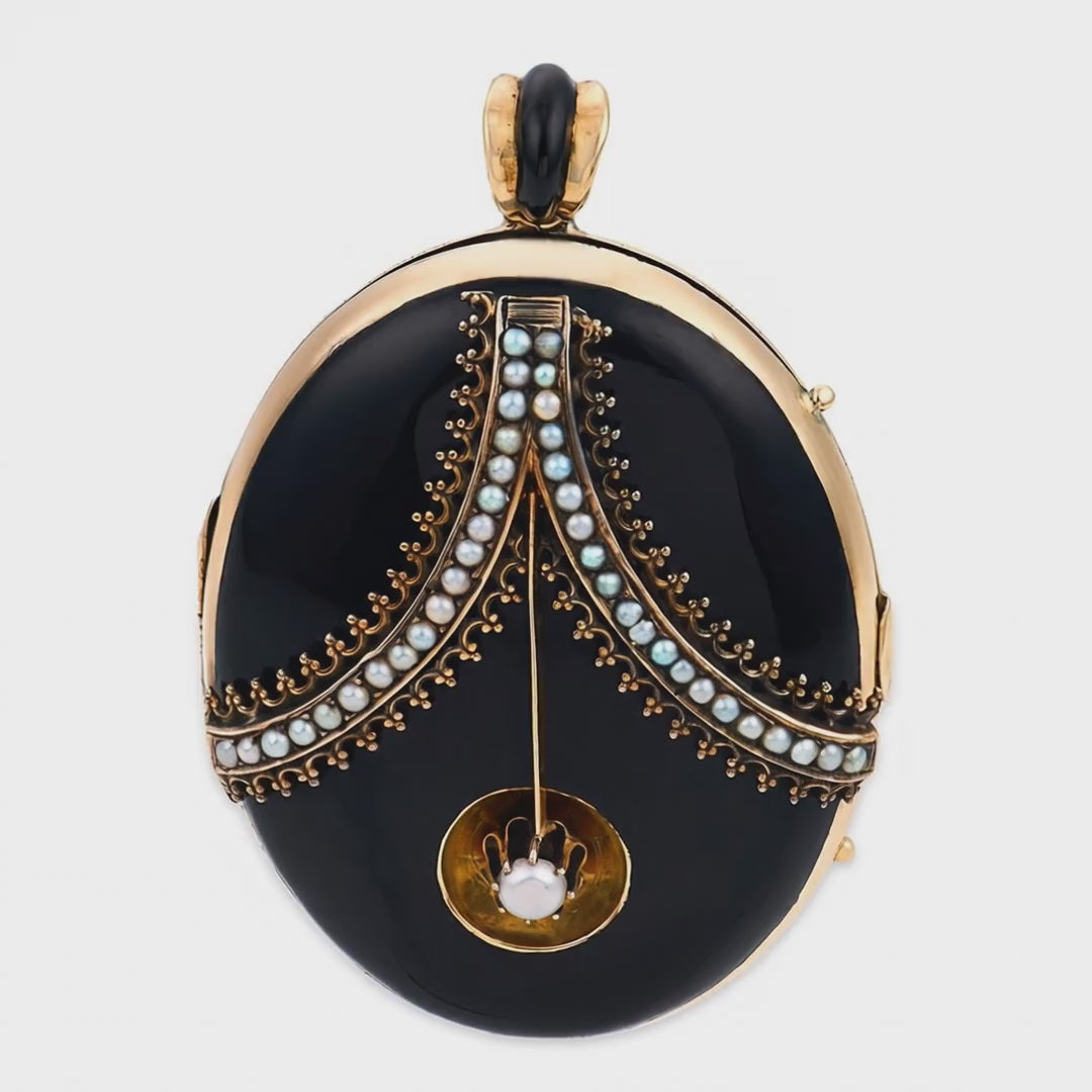 Victorian 14k Onyx & Pearl Locket Pendant