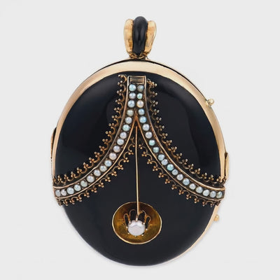 Victorian 14k Onyx & Pearl Locket Pendant