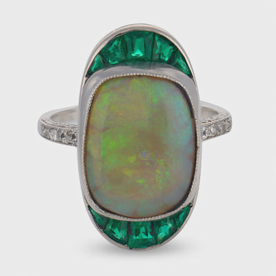 Edwardian Platinum Opal, Emerald, & Diamond Navette Ring