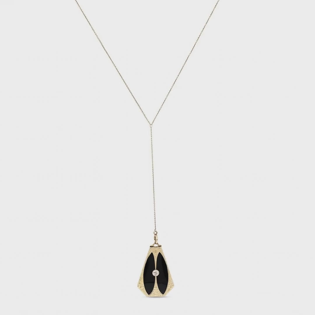 Load video: Art Deco 14k Diamond &amp; Onyx Locket Pendant Necklace