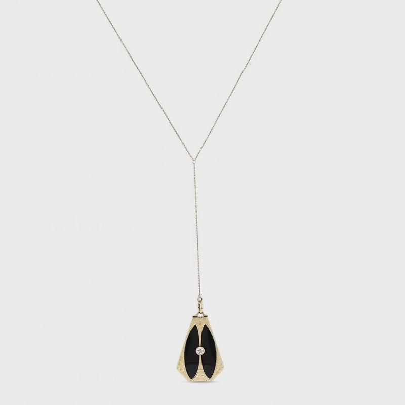 Art Deco 14k Diamond & Onyx Locket Pendant Necklace