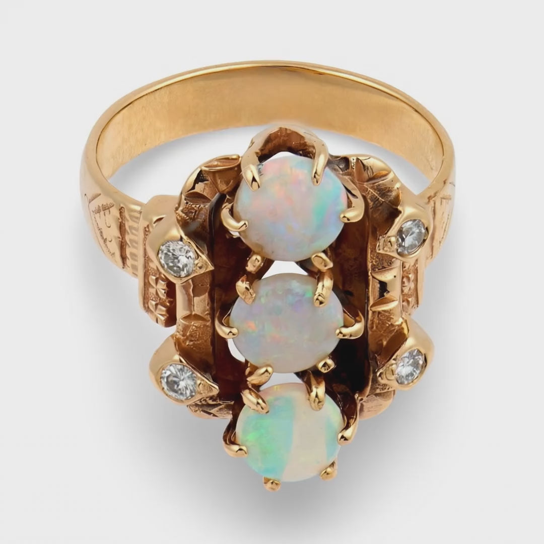 Art Nouveau 14k Opal & Diamond Navette Ring
