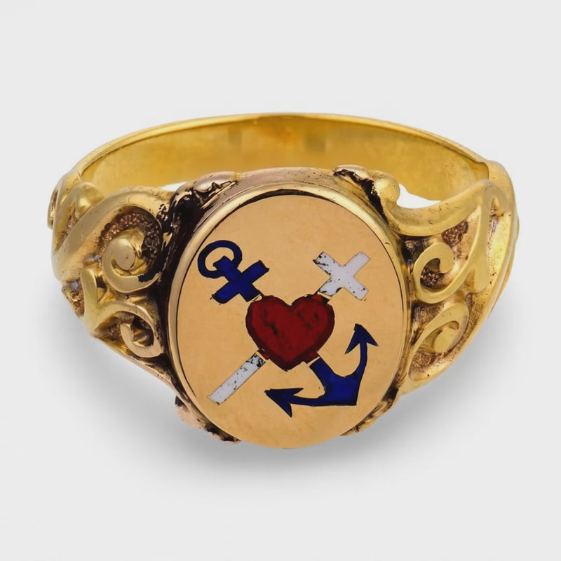 Victorian 15k Enamel "Faith, Hope, & Charity" Signet Ring