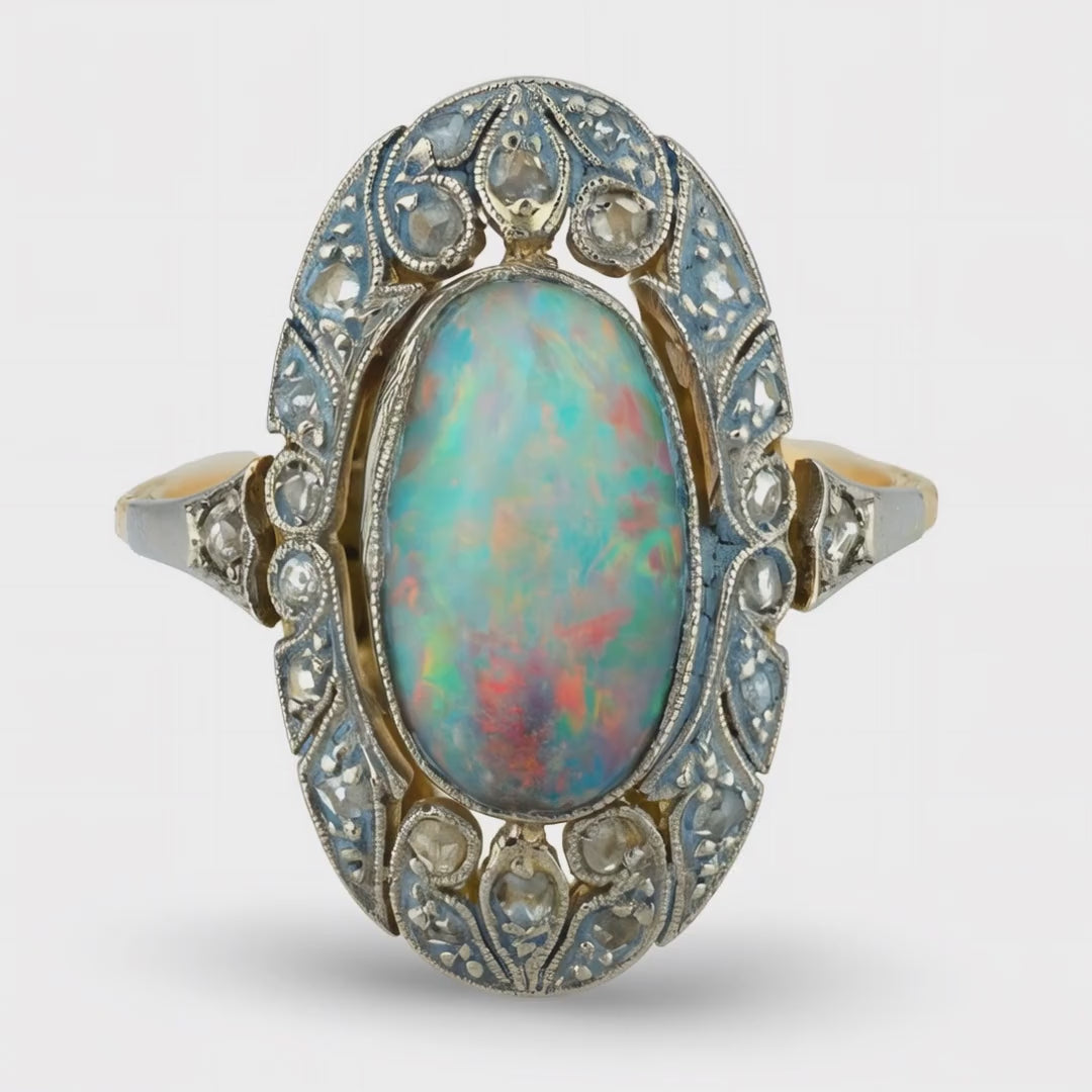 Edwardian 14k/Platinum Opal & Diamond Halo Ring