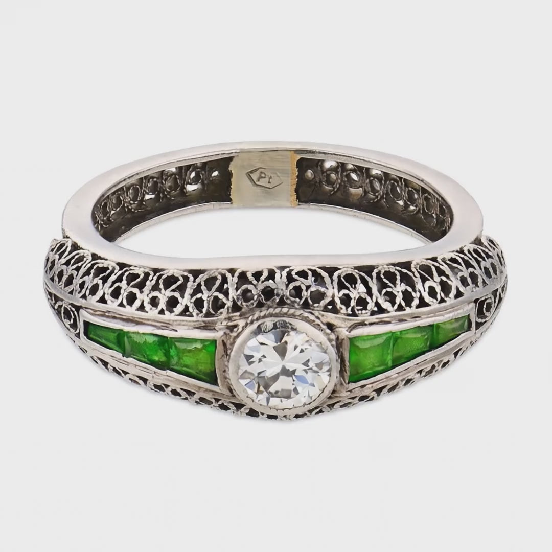 Load video: Art Deco Platinum Diamond &amp; Demantoid Garnet Engagement Ring .40ct