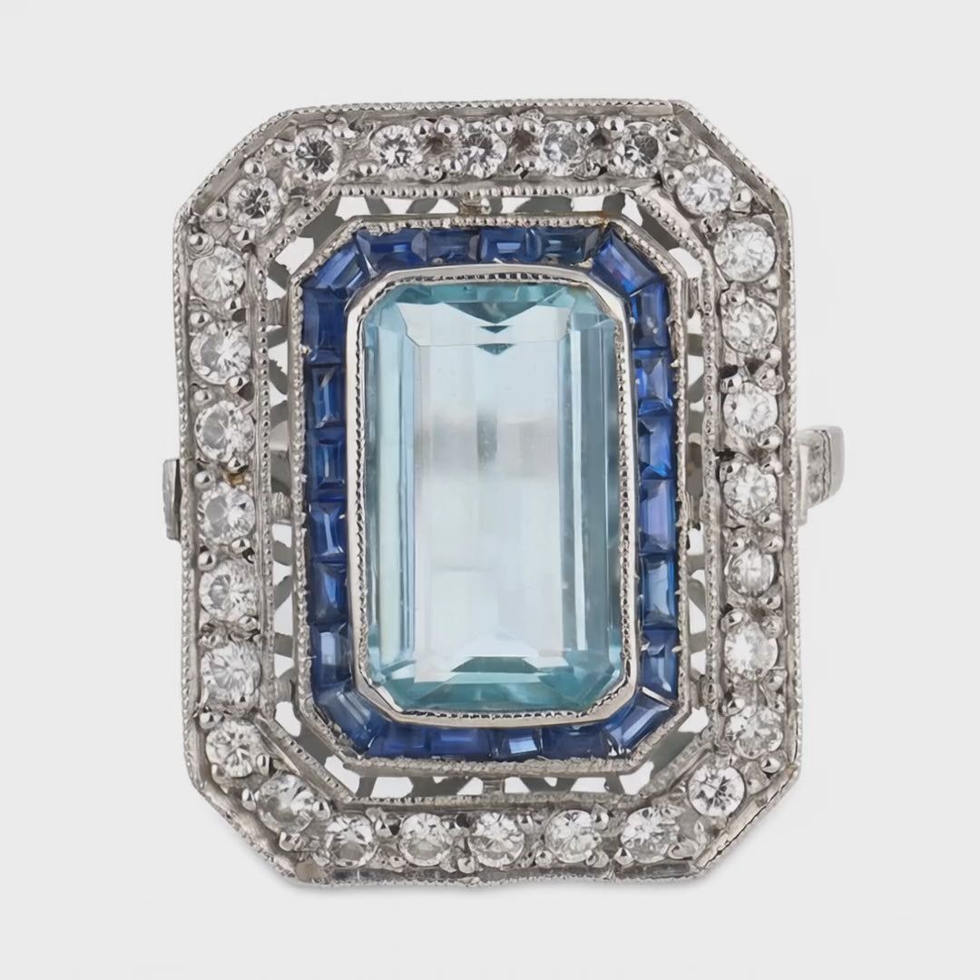 Estate Platinum Aqua, Sapphire, & Diamond Statement Ring