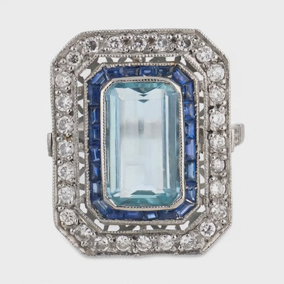 Estate Platinum Aqua, Sapphire, & Diamond Statement Ring