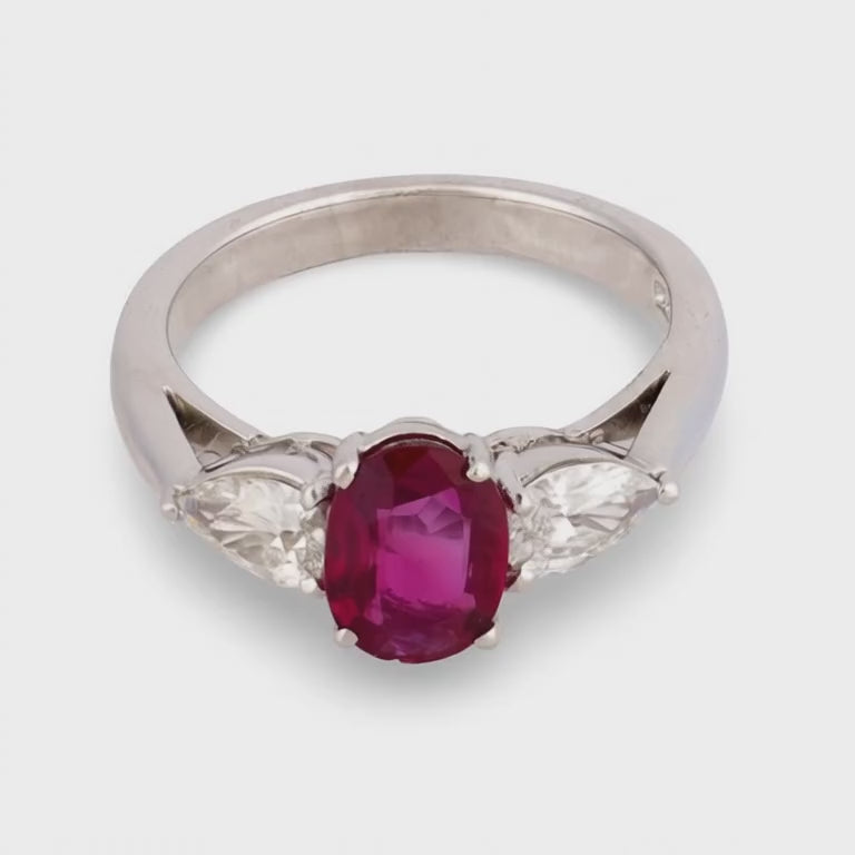 Estate Platinum GIA Ruby & Diamond Three Stone Ring