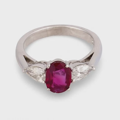 Estate Platinum GIA Ruby & Diamond Three Stone Ring