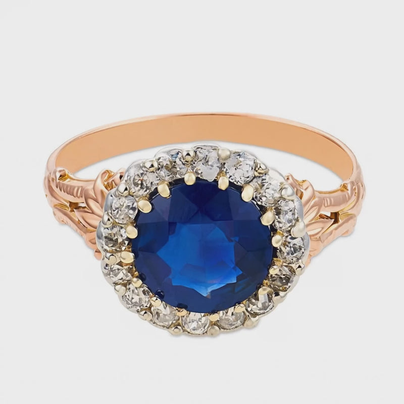 Victorian French 18k GIA Sapphire & Diamond Halo Ring