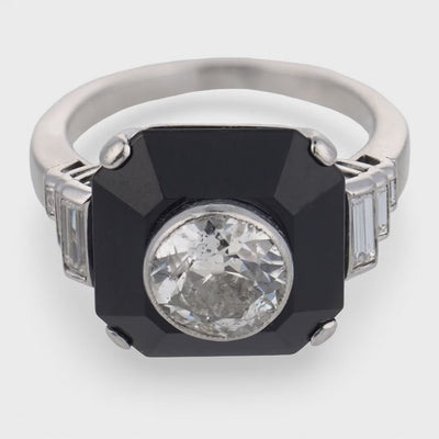 Art Deco Platinum Diamond & Onyx Engagement Ring 1.70ct