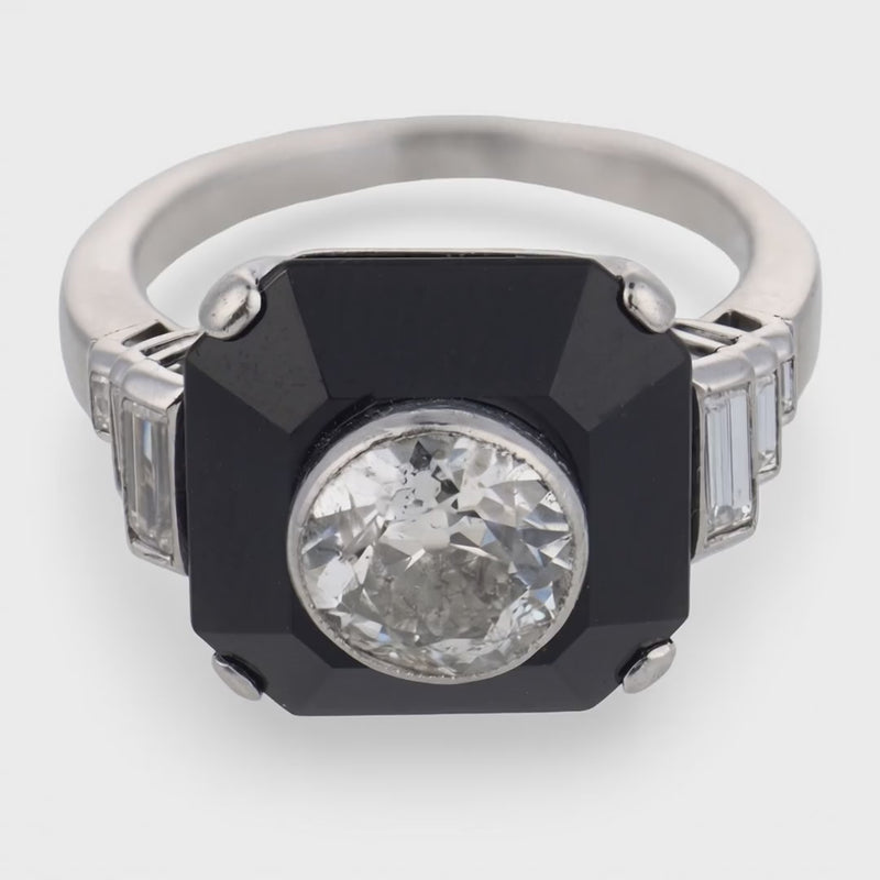 Art Deco Platinum Diamond & Onyx Engagement Ring 1.70ct