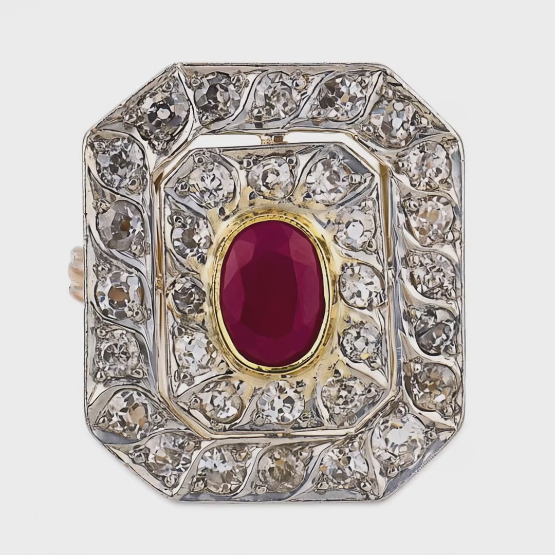 Load video: Edwardian 18k/Platinum Ruby &amp; Diamond Halo Ring