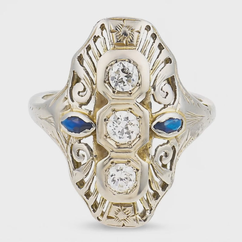 Edwardian 10k Diamond & Sapphire Navette Ring