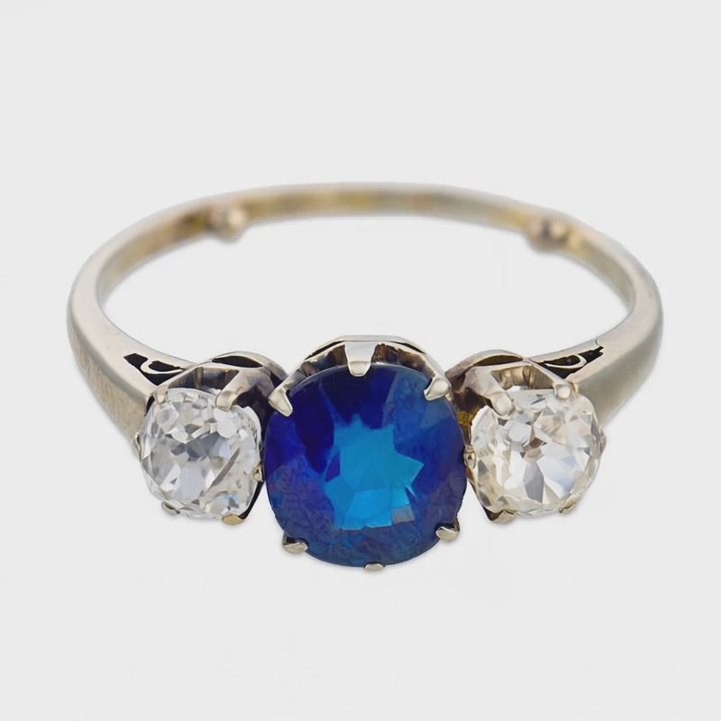 Art Deco 18k Sapphire & Diamond Three Stone Ring