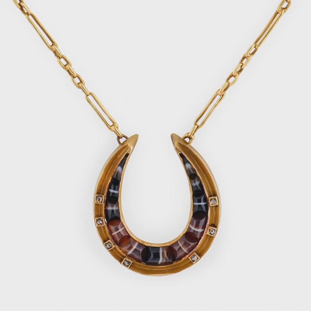 Victorian 18k/14k Agate & Diamond Horseshoe Pendant Necklace