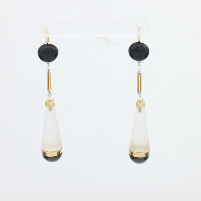 Victorian 14k Rock Quartz Crystal Onyx and Seed Pearl Drop Earrings