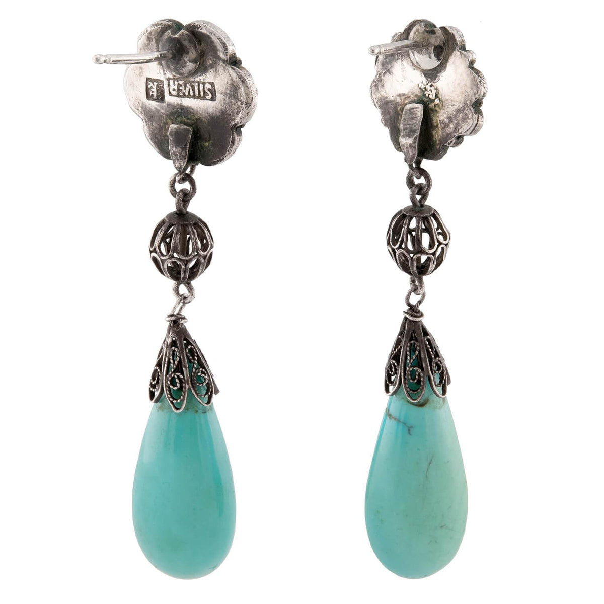 Art Deco Chinese Sterling Silver Turquoise Drop Earrings