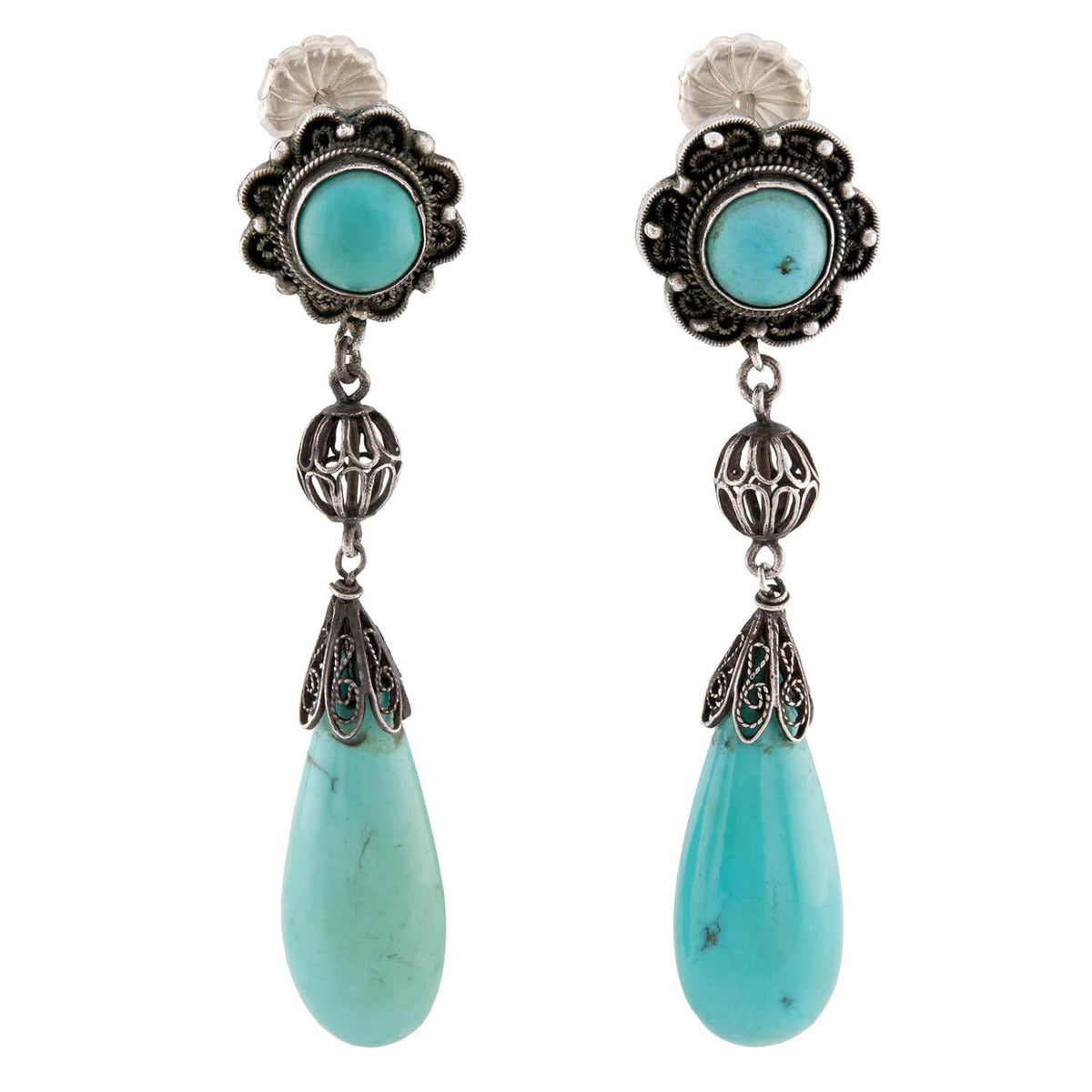 Art Deco Chinese Sterling Silver Turquoise Drop Earrings