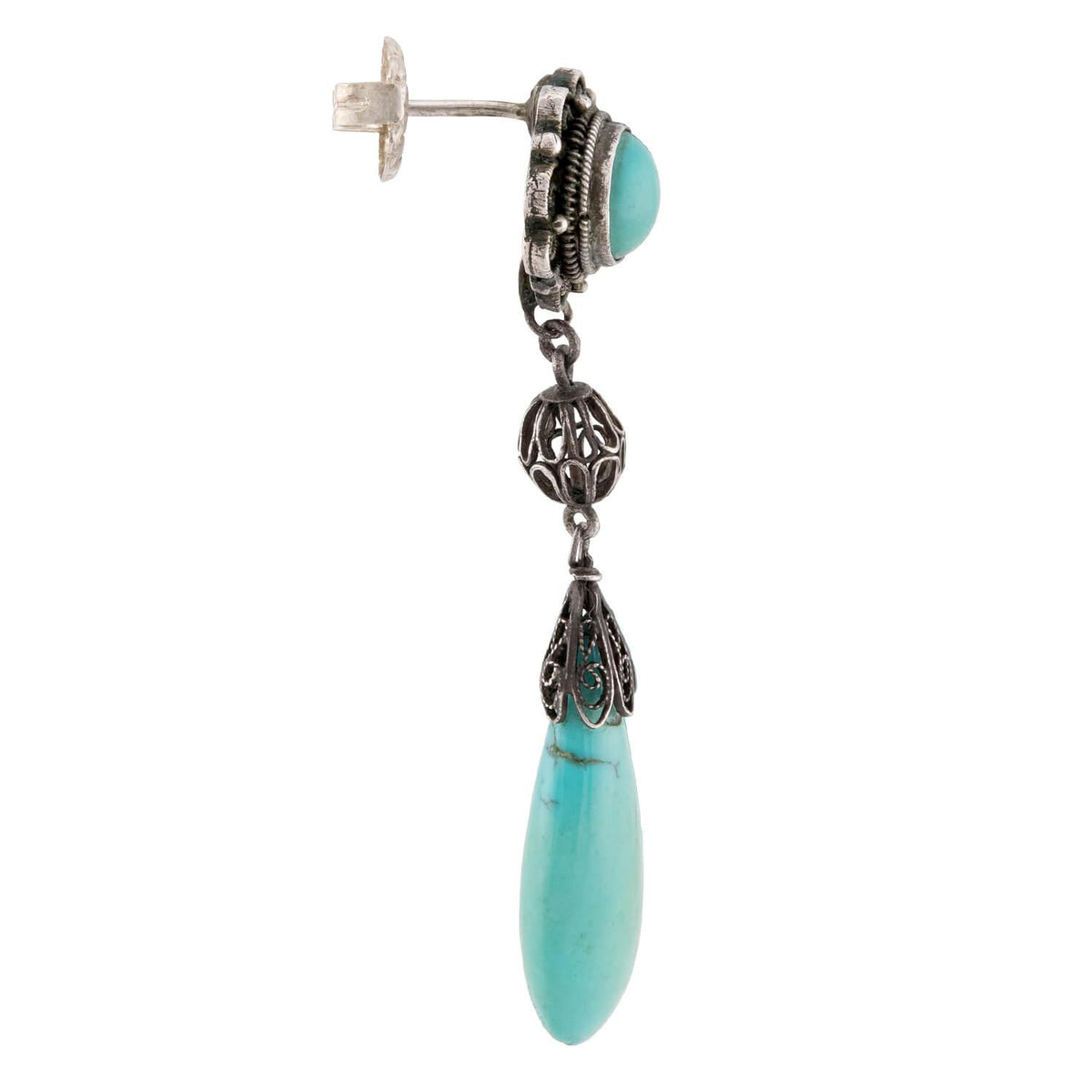 Art Deco Chinese Sterling Silver Turquoise Drop Earrings