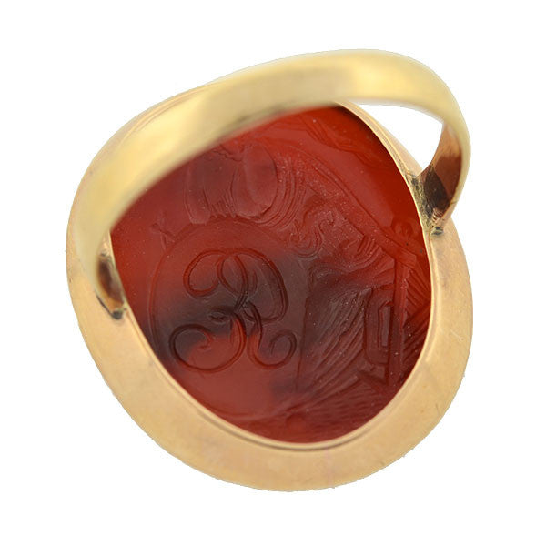 Victorian 10kt Carnelian Intaglio Family Crest Signet Ring