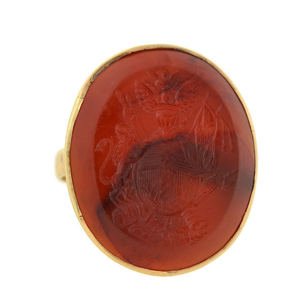 Victorian 10kt Carnelian Intaglio Family Crest Signet Ring
