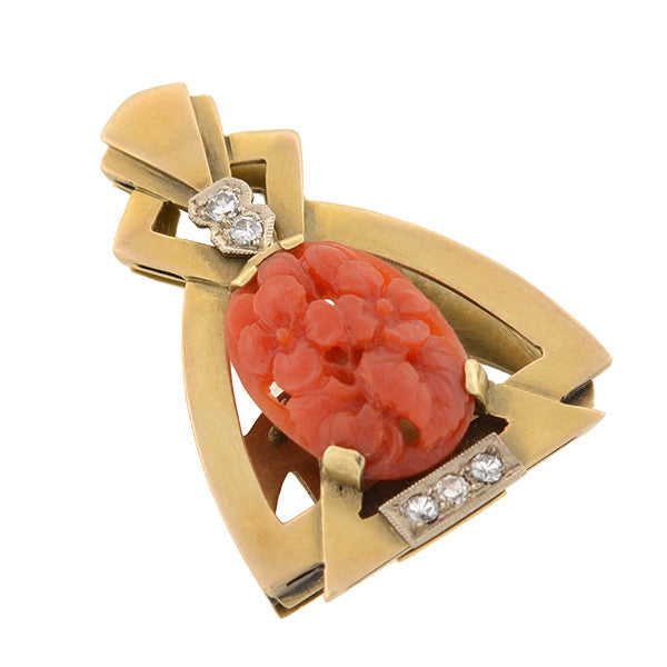 Art Deco 14kt Carved Coral & Diamond Brooch Clip