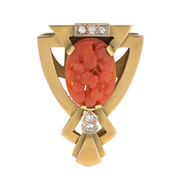 Art Deco 14kt Carved Coral & Diamond Brooch Clip