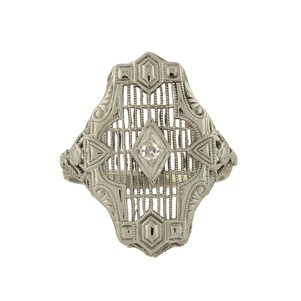 Art Deco 14kt Diamond Geometric + Floral Filigree Ring
