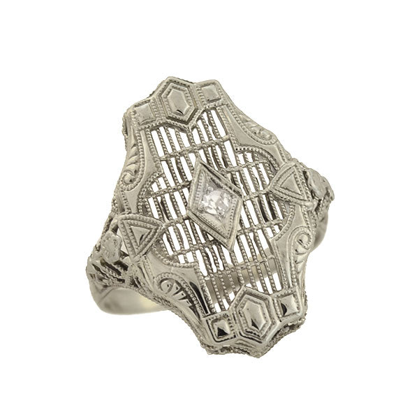 Art Deco 14kt Diamond Geometric + Floral Filigree Ring