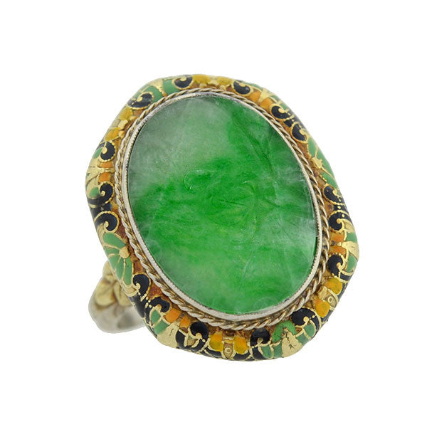 Art Deco 14kt Carved Jadeite & Enamel Ring