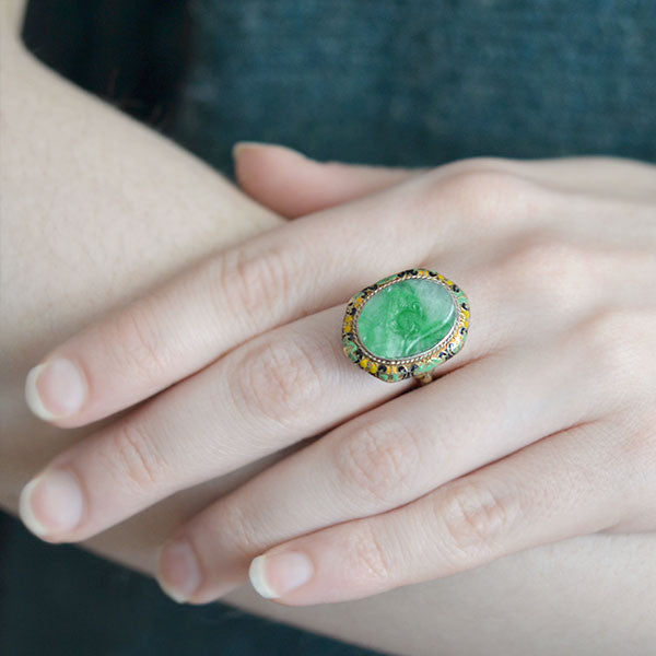 Art Deco 14kt Carved Jadeite & Enamel Ring