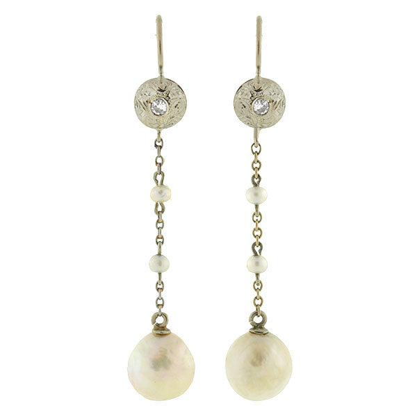 Edwardian 14kt Natural Pearl & Diamond Drop Earrings