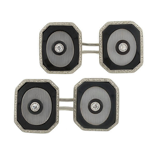 Art Deco 14kt Onyx Rock Quartz & Diamond Cufflinks