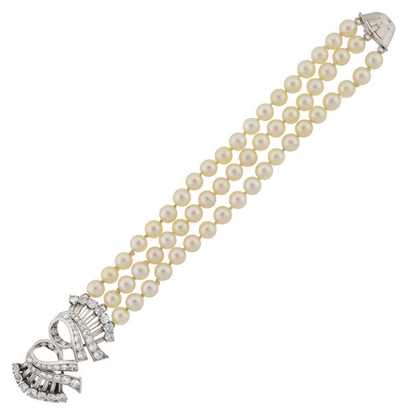 Retro 14kt 3-Strand Pearl & Diamond Bracelet