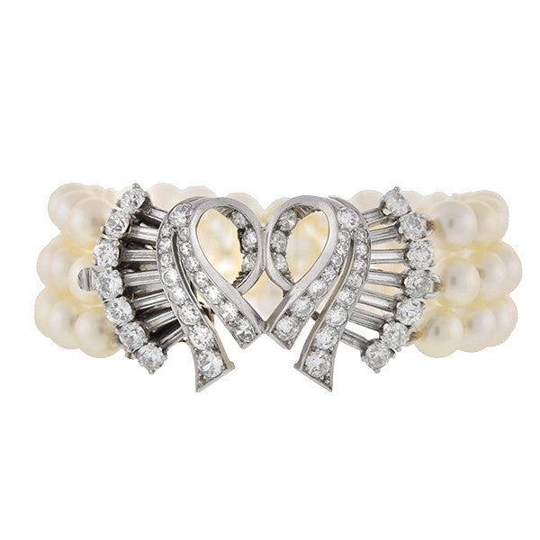 Retro 14kt 3-Strand Pearl & Diamond Bracelet