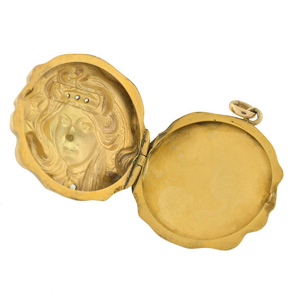 Art Nouveau 15kt Repousse & Diamond Maiden Locket
