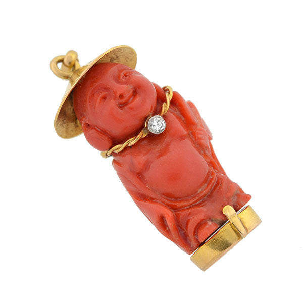 Vintage 18kt Carved Coral & Diamond Figural Pendant