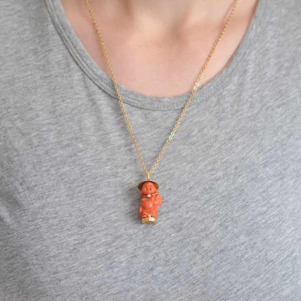 Vintage 18kt Carved Coral & Diamond Figural Pendant