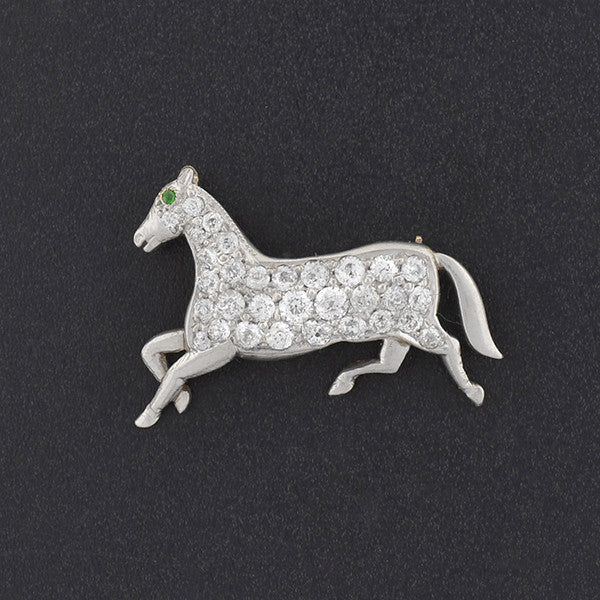 Edwardian Platinum & 14kt Diamond & Emerald Horse Pin