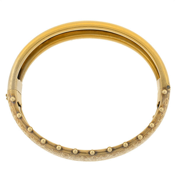 Victorian 15kt Gold Etched Hinged Bangle Bracelet
