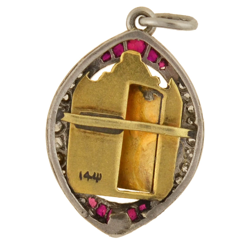 Edwardian Platinum/14kt Ruby + Diamond "21" Golden Door Charm Pendant