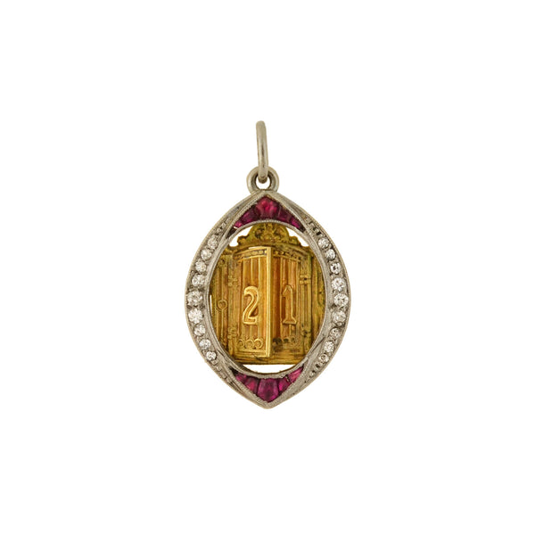 Edwardian Platinum/14kt Ruby + Diamond "21" Golden Door Charm Pendant