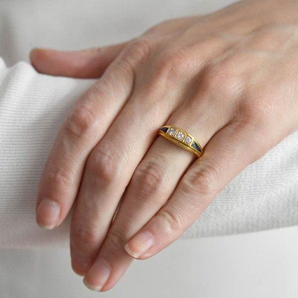 Art Deco French 18kt Diamond Enamel 3 Stone Ring
