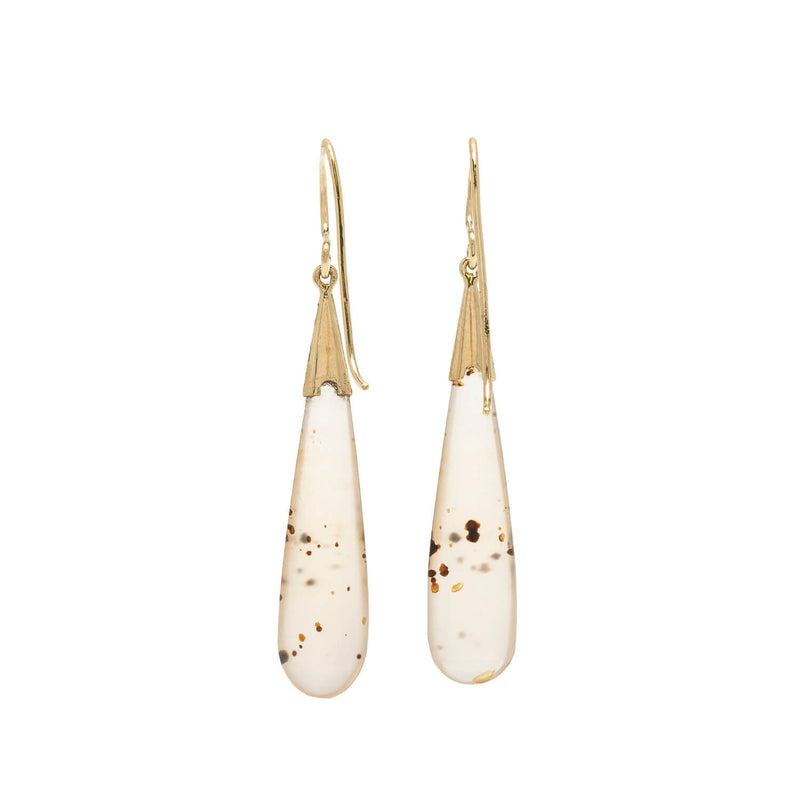 Victorian 14kt + Moss Agate Teardrop Dangle Earrings