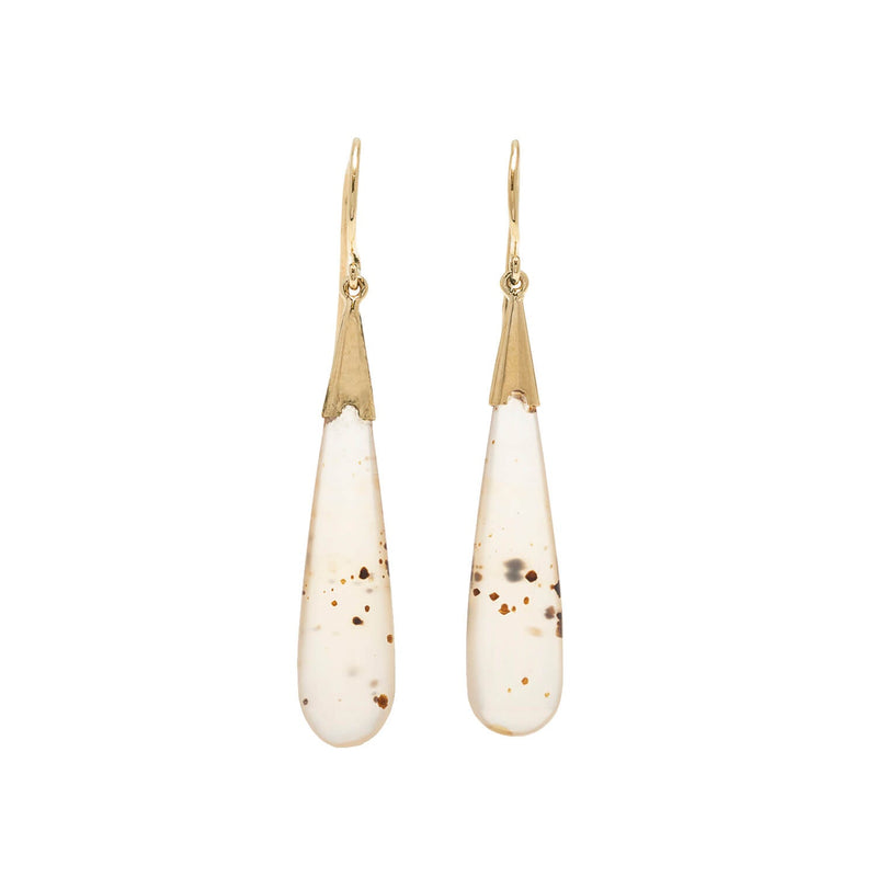 Victorian 14kt + Moss Agate Teardrop Dangle Earrings