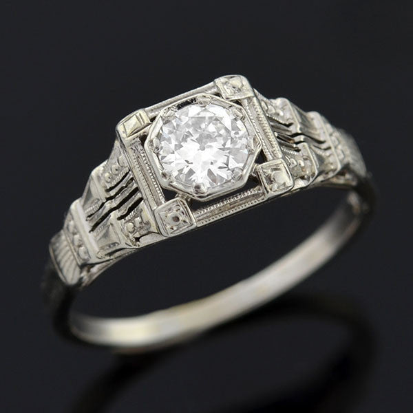 Art Deco 18kt White Gold & Diamond Engagement Ring .36ct