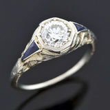 Art Deco 18kt Diamond & Sapphire Engagement Ring .82ct