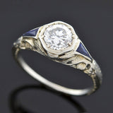 Art Deco 18kt Diamond & Sapphire Engagement Ring .82ct